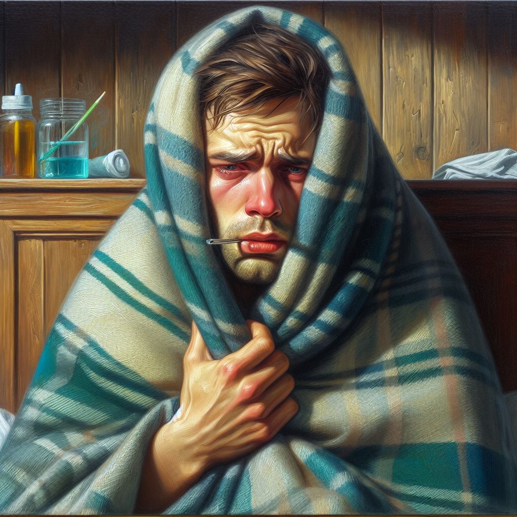A man is shivering due to chills and fever